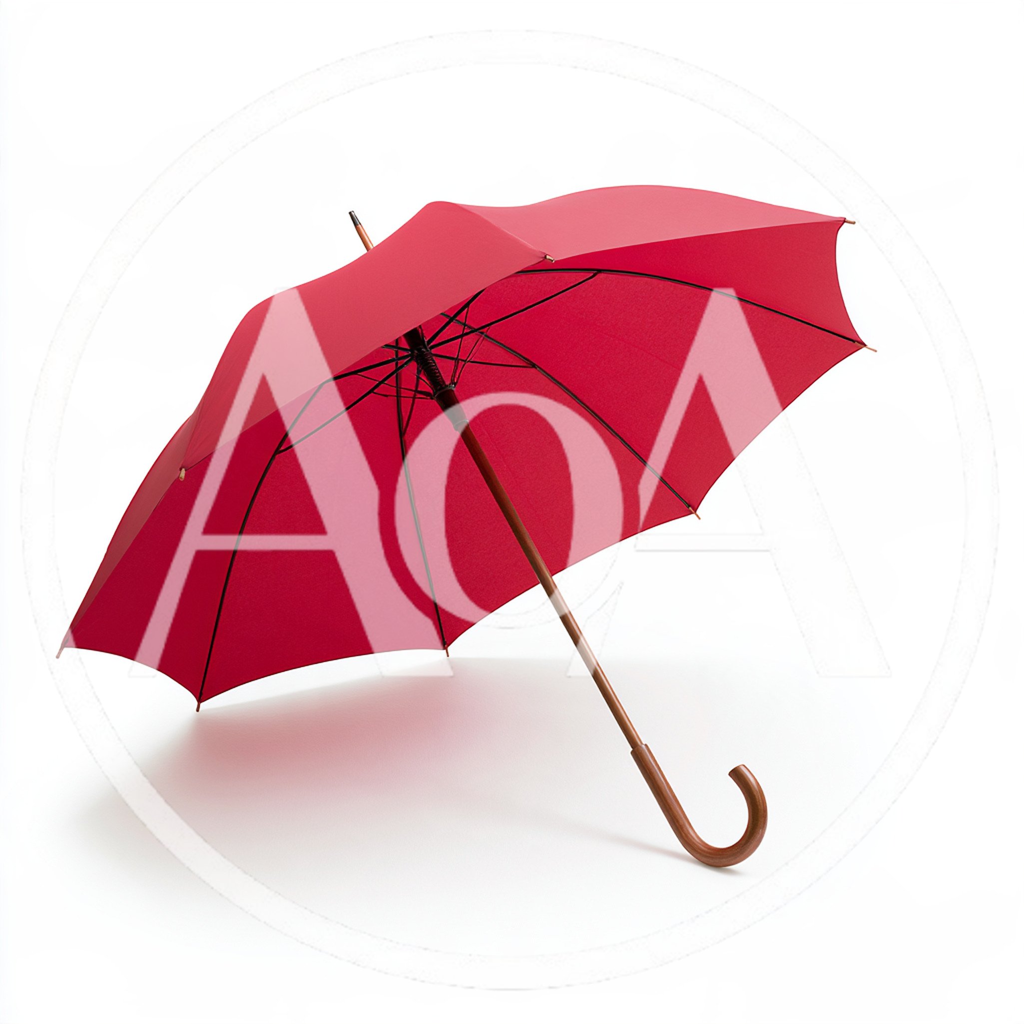 Red Umbrella With Wooden Handle On White Background