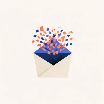 Open Envelope With Exploding Blue And Orange Confetti
