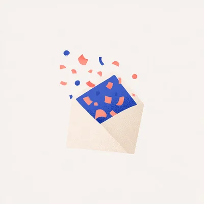 Open Envelope With Blue Card And Confetti