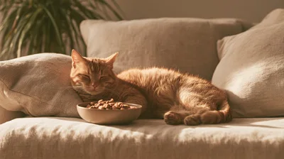 Ginger Cat Sleeping Beside A Bowl Of Dry Food