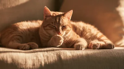 Ginger Tabby Cat Grooming Itself On A Sofa