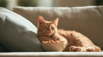 Ginger Cat Sleeping Beside A Bowl Of Food