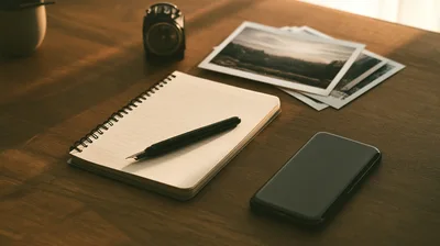 Notebook With Fountain Pen And Smartphone On Wooden Desk