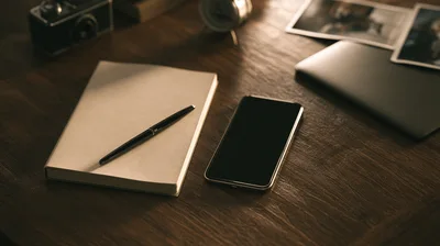 Notebook With Pen And Smartphone On Wooden Desk