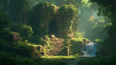 Ancient Stone Ruins With Waterfall In Lush Jungle