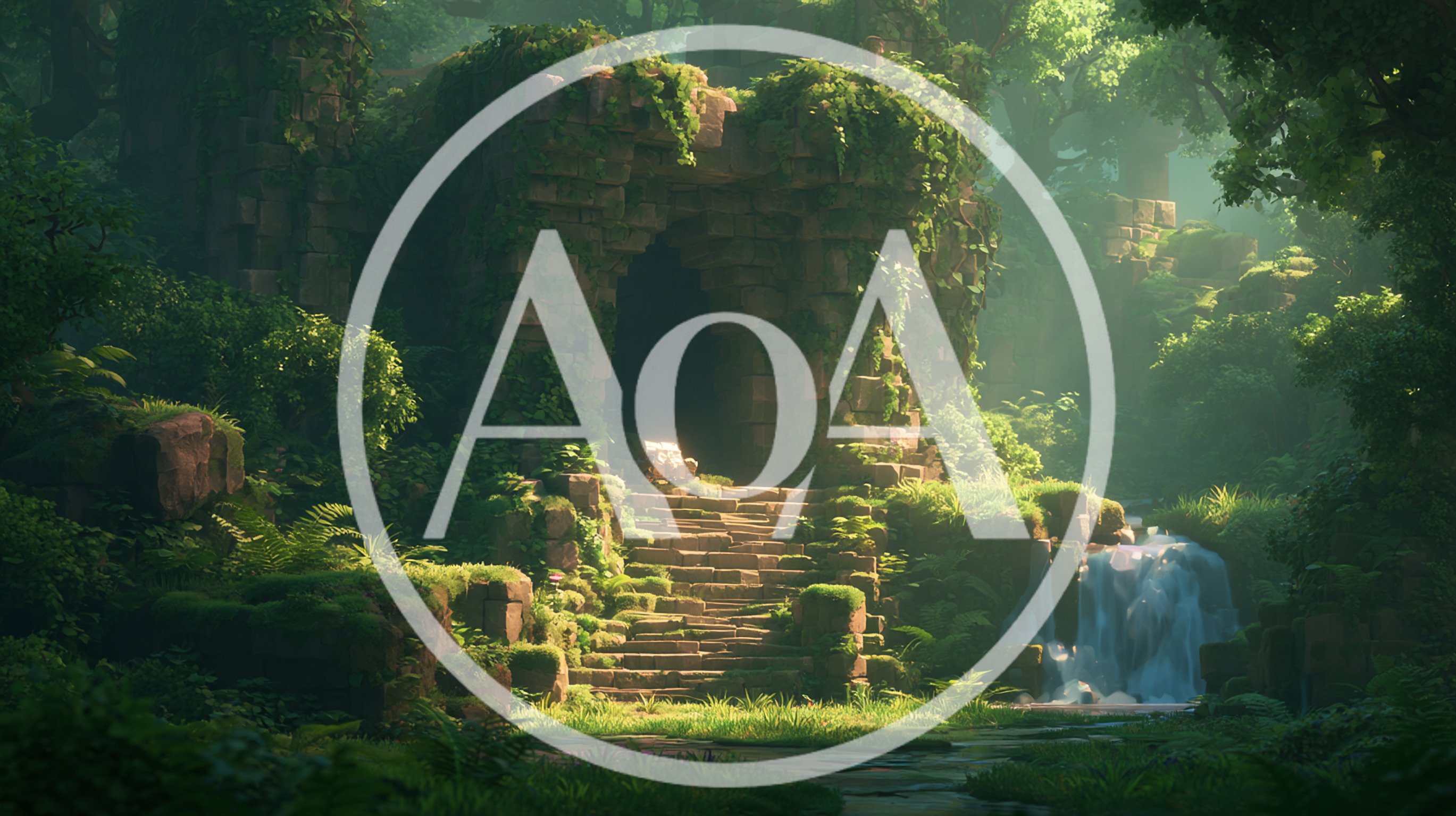 Ancient Stone Ruins With Waterfall In Lush Jungle