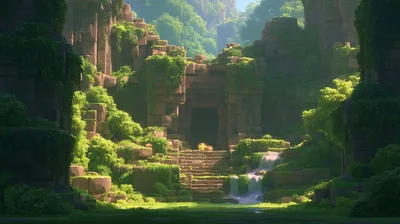 Ancient Stone Temple Ruins In Lush Tropical Jungle