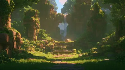 Ancient Stone Ruins With Glowing Treasure Chest In Jungle