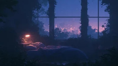 Cozy Bedroom Overlooking A Rainy Cityscape At Night
