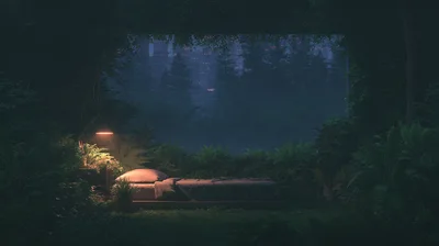 Cozy Bed Inside A Lush Tropical Forest At Night