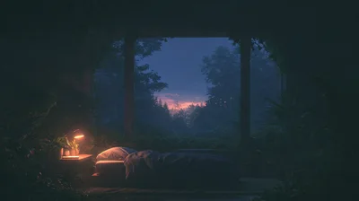 Cozy Bedroom Overlooking A Lush Forest At Twilight