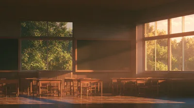 Empty Classroom With Sunlight Streaming Through Windows