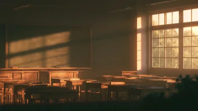 Empty Classroom With Sunlight Streaming Through Windows