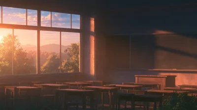 Empty Classroom At Sunset With Golden Hour Light