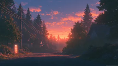 Scenic Rural Road At Sunset With Glowing Vending Machine