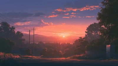 Scenic Rural Road At Sunset With Vibrant Orange Sky