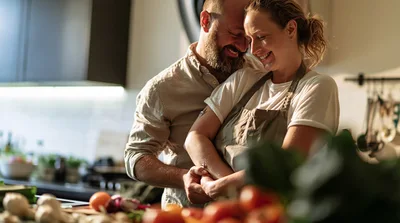 Affectionate Couple Embracing While Cooking Together In Kitchen