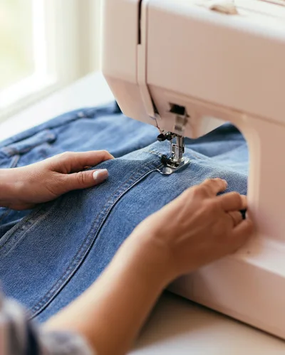 Close Up Of Hands Sewing Denim Fabric On Machine