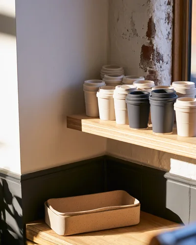 Reusable Coffee Cups And Storage Container On Wooden Shelves