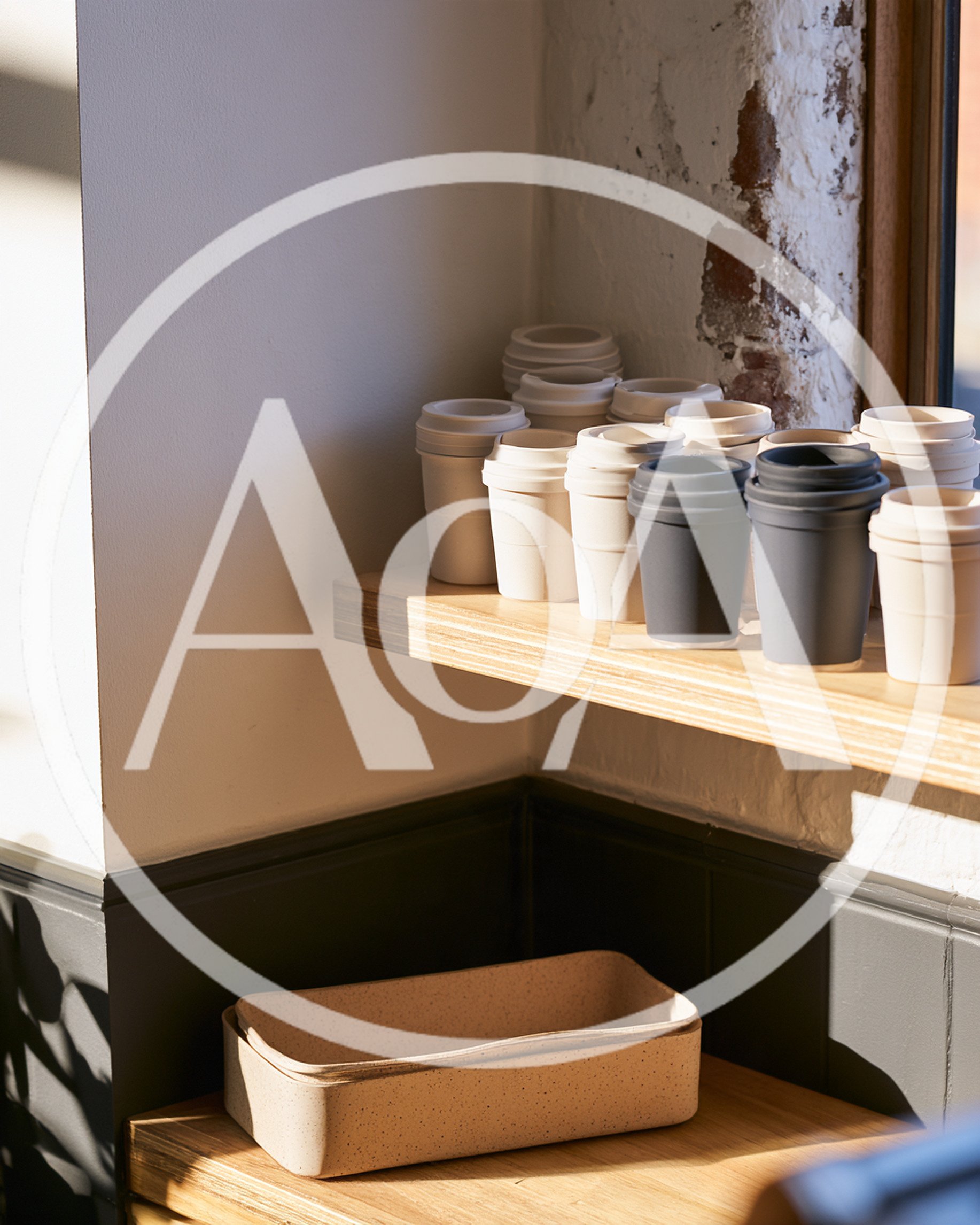 Reusable Coffee Cups And Storage Container On Wooden Shelves