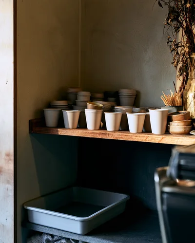 Stacked Paper Coffee Cups on a Wooden Shelf
