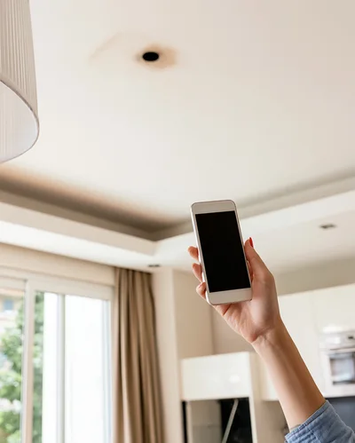 Person Holding Smartphone Towards Ceiling Light Fixture
