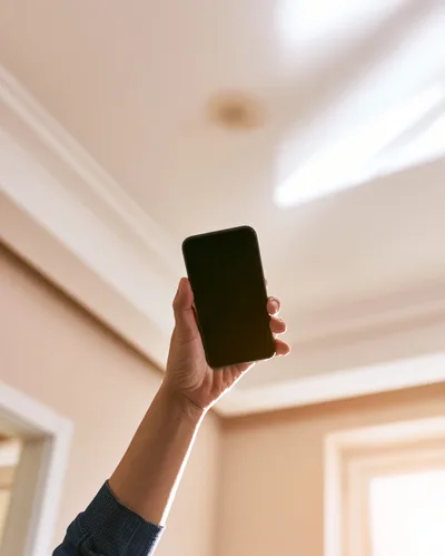 Hand Holding Smartphone Upwards Against Bright Ceiling