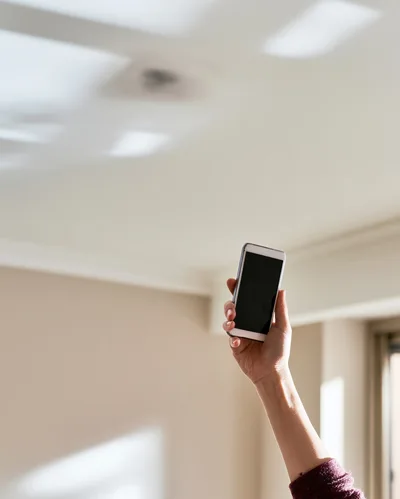 Hand Holding Smartphone Upwards In Bright Room