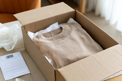 Beige Knitted Sweater Packed Inside A Cardboard Shipping Box