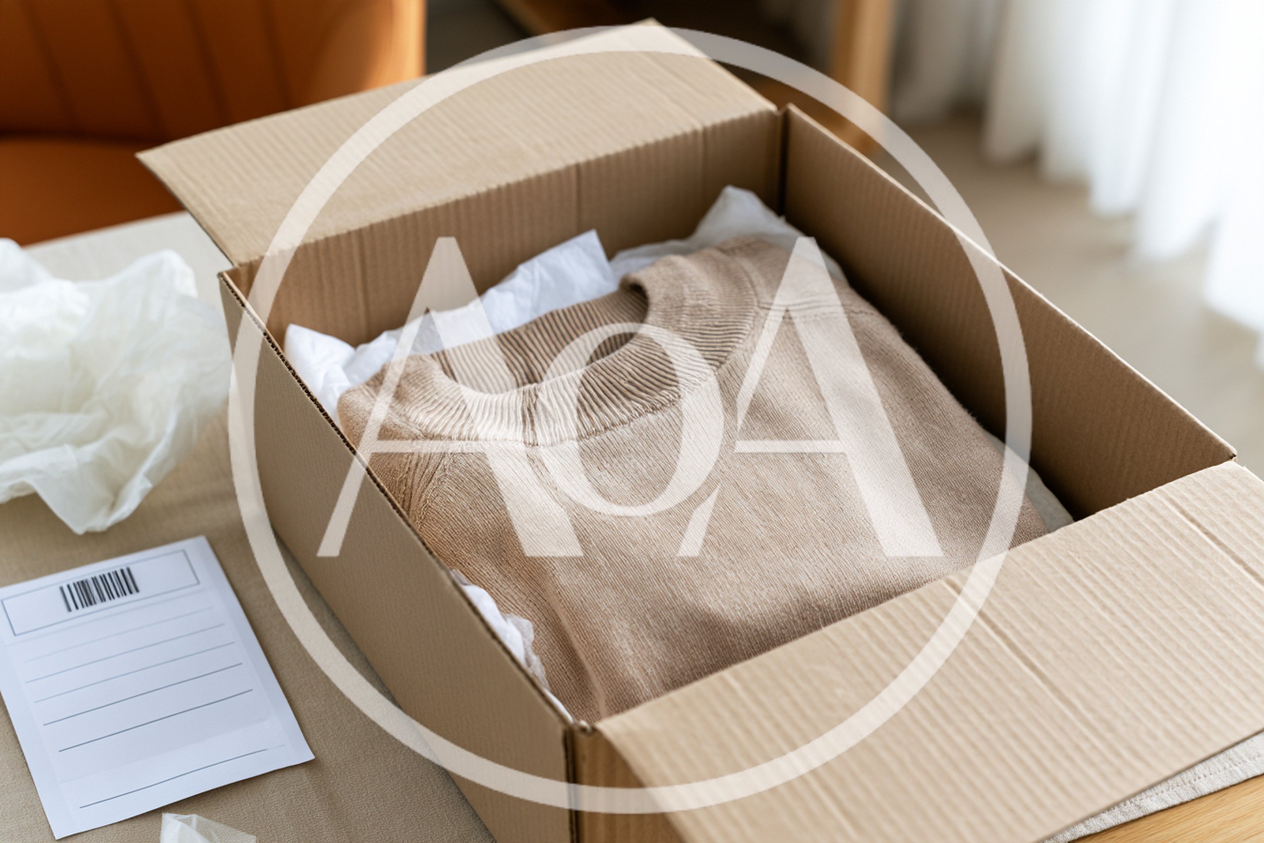 Beige Knitted Sweater Packed Inside A Cardboard Shipping Box