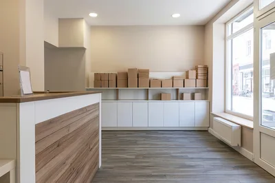 Empty Modern Shipping Office With Cardboard Boxes