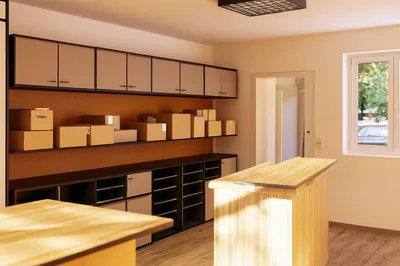 Empty Office Storage Room With Cardboard Boxes