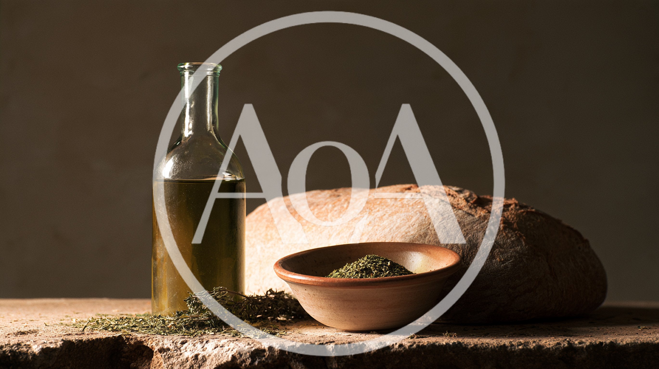Rustic Still Life With Bread Olive Oil And Herbs