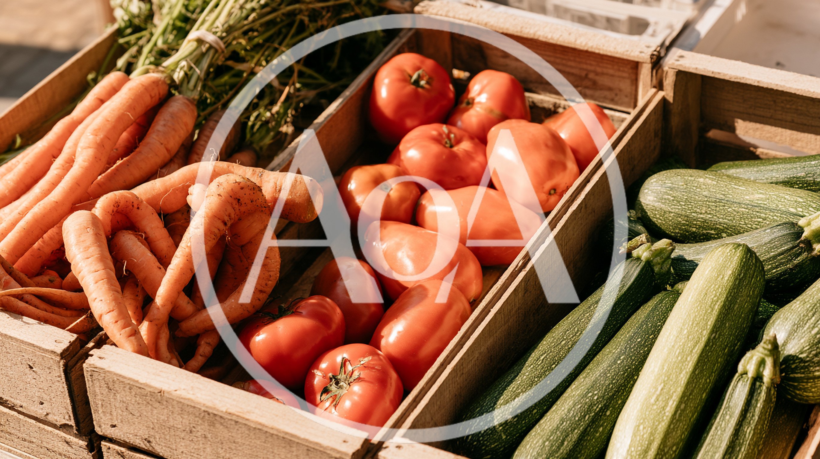Fresh Organic Vegetables In Wooden Crates At Market