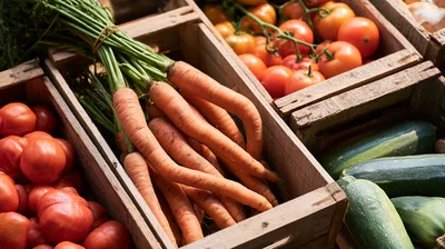 Fresh Organic Vegetables In Wooden Crates At Market