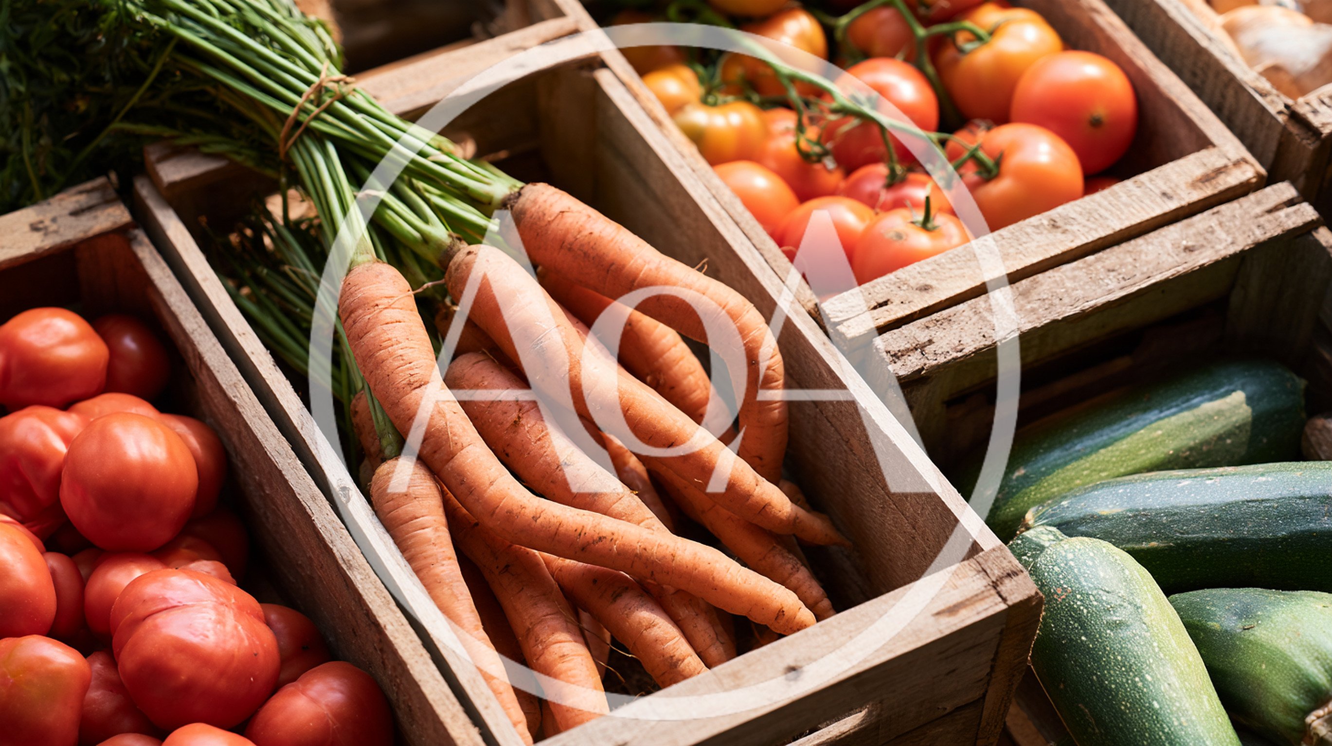Fresh Organic Vegetables In Wooden Crates At Market