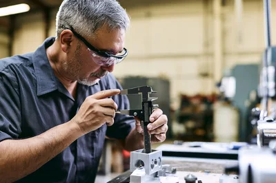 Machinist Measuring Metal Part With Digital Calipers