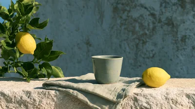Ceramic Cup And Fresh Lemons On A Stone Wall