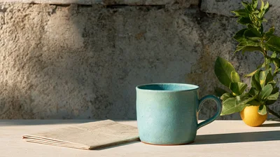 Blue Ceramic Mug and Lemon on Stone Surface
