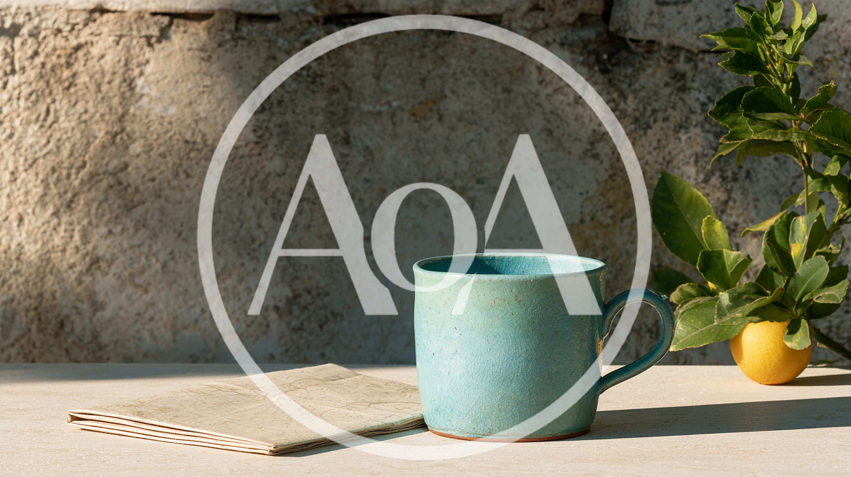 Blue Ceramic Mug and Lemon on Stone Surface