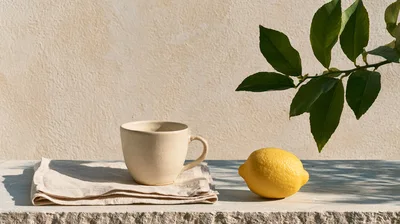 Ceramic Mug and Fresh Lemon on Linen Cloth
