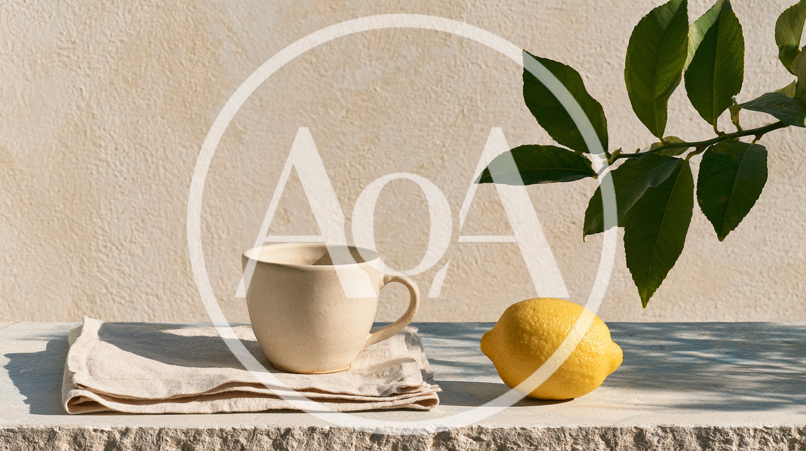 Ceramic Mug and Fresh Lemon on Linen Cloth