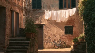 Old Italian Village Courtyard With Laundry And Bicycle