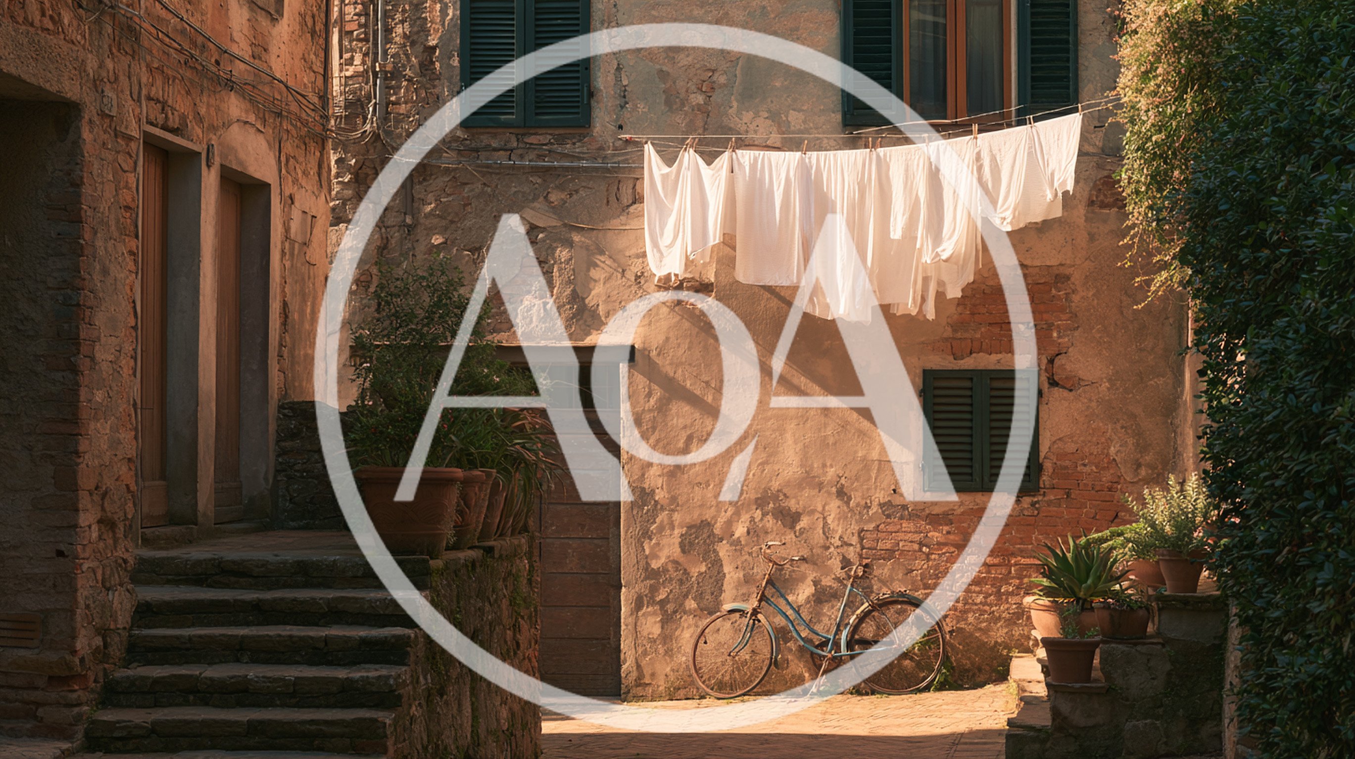 Old Italian Village Courtyard With Laundry And Bicycle