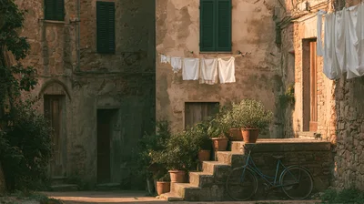 Vintage Bicycle Parked Beside Stone Steps In Italian Village