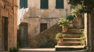 Vintage Bicycle Parked Beside Stone Stairs In Italian Village