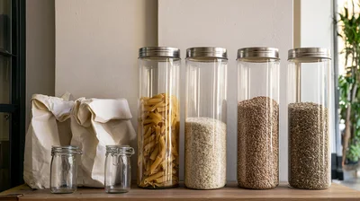 Glass Storage Jars With Dry Goods On Wooden Shelf
