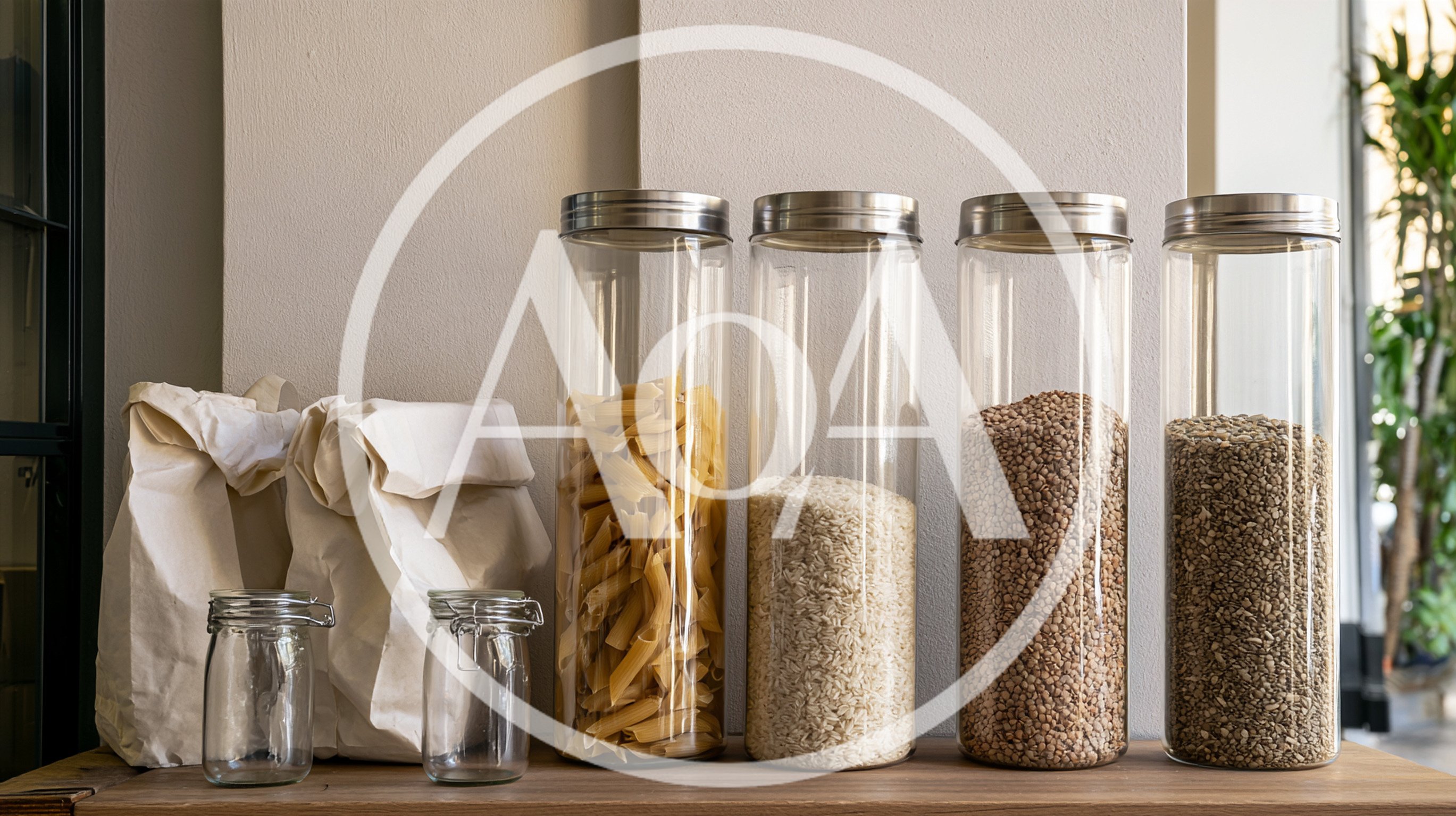 Glass Storage Jars With Dry Goods On Wooden Shelf
