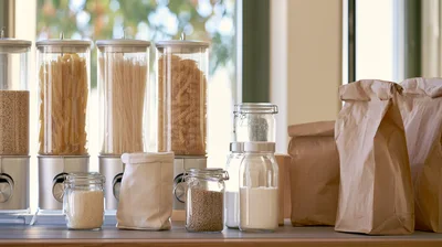 Kitchen Countertop With Dry Food Storage Containers And Bags