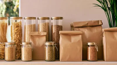 Assorted Dry Goods In Glass Jars And Paper Bags